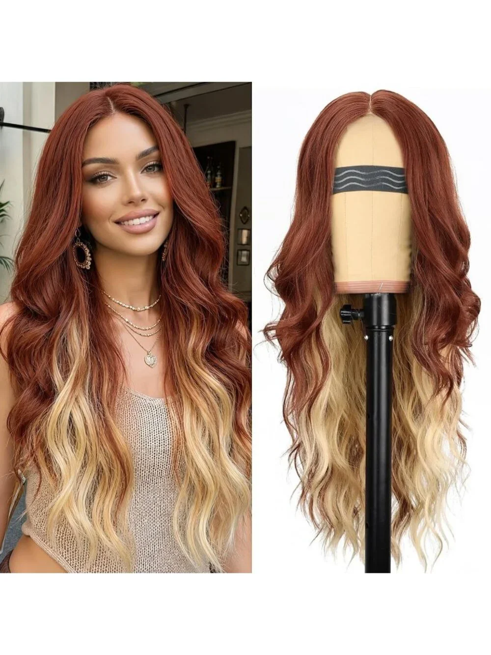 Women's Copper Blonde Lace Hairline 26 Inch Synthetic Heat Resistant Wavy Wigs